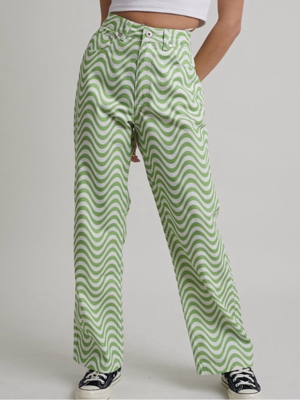 The Ragged Priest Green & White Wave Print Wide Leg Pants